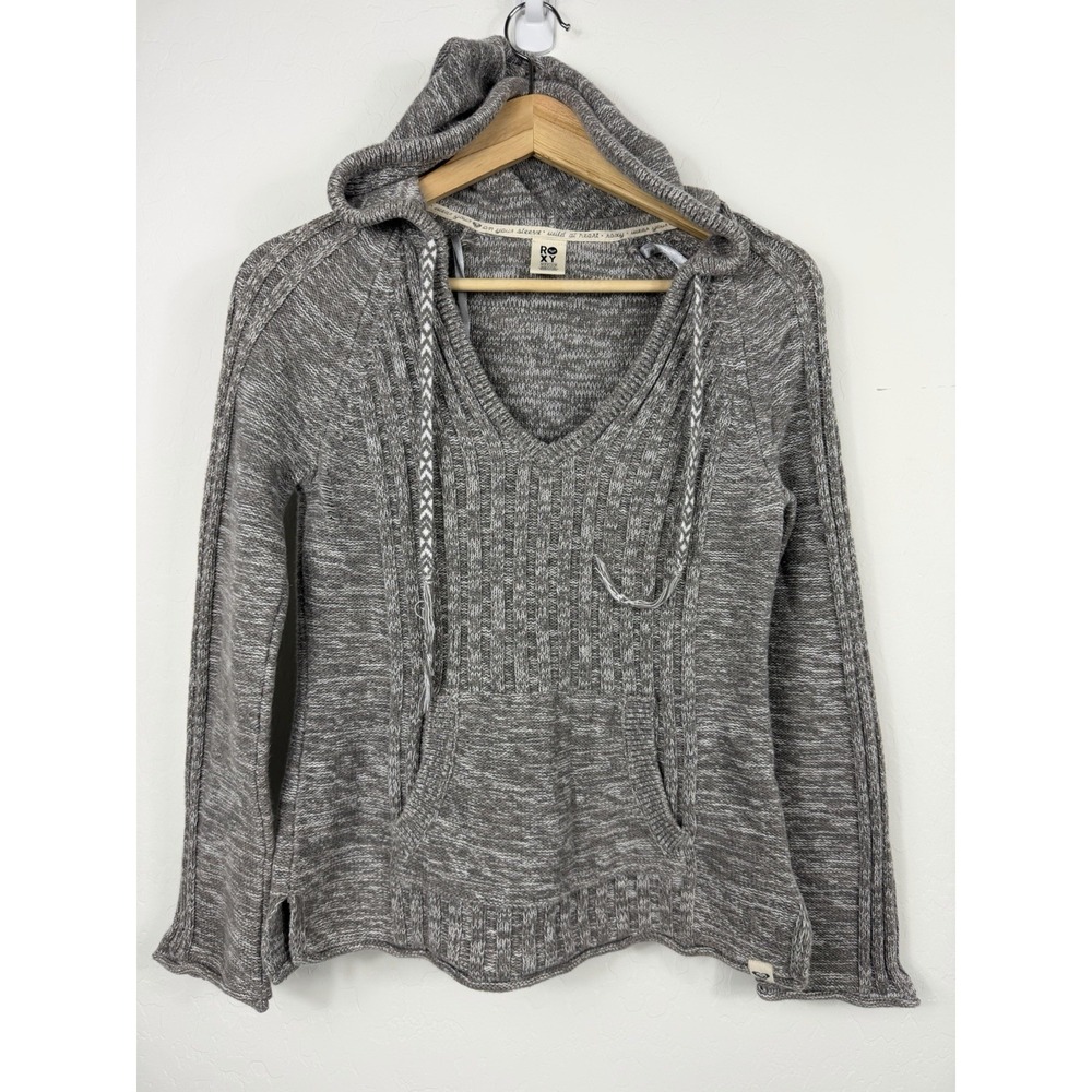 Roxy Hooded Knit Pullover Sweater Gray Space Dye Kangaroo Pocket Women Medium